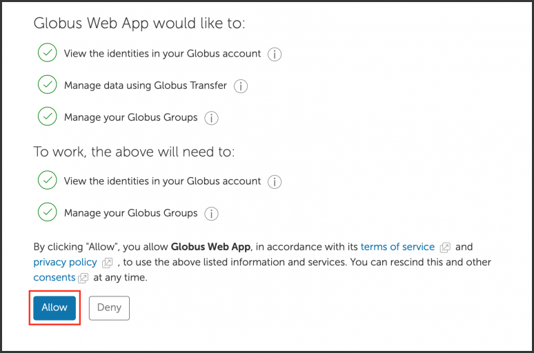 Globus web app information and services allow screen.