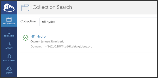 Globus file manager "NFI Hydro" collection search.