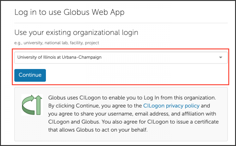 Globus organizational login screen.